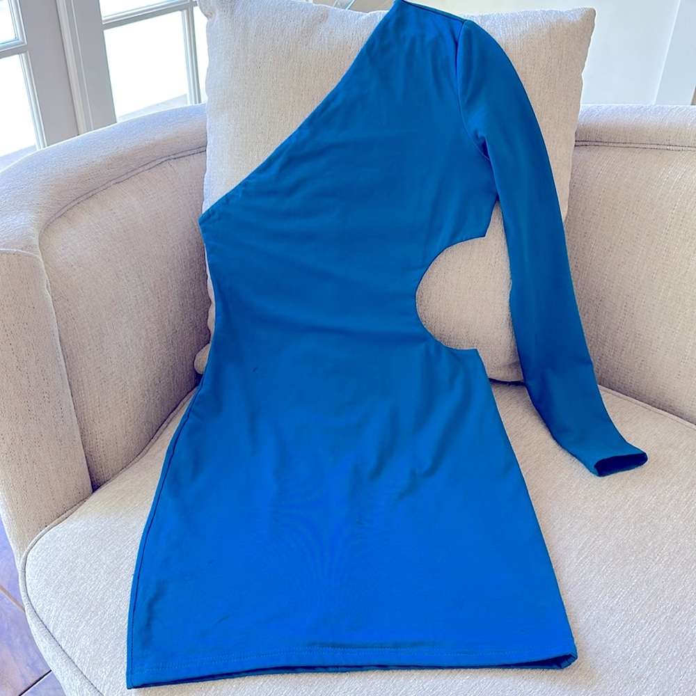Blue One Sleeve Cutout Fitted Mini Dresss